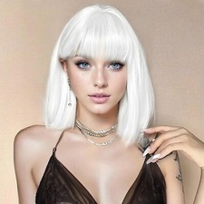 12" White Bob Wig with Bangs Short Straight Silver Wig for Women Party Cosplay