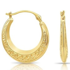 14K Real Solid Yellow Gold Greek Key Curved Round Creole Hoop Earrings 16MM 18MM