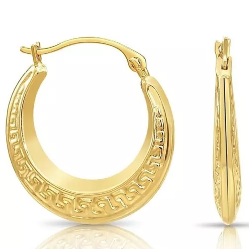 14K Real Solid Yellow Gold Greek Key Curved Round Creole Hoop Earrings 16MM 18MM