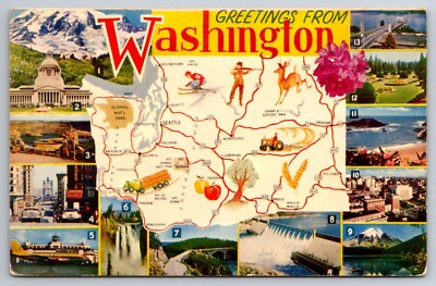 WA, Washington State Greetings, Map Card, Airport, Downtown Car Vintage Postcard