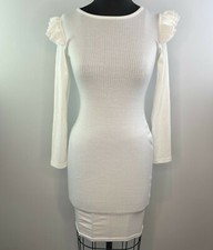 CBR White Long Sleeve Ruffle Fitted Bodycon Textured Dress S Small CLASSIC