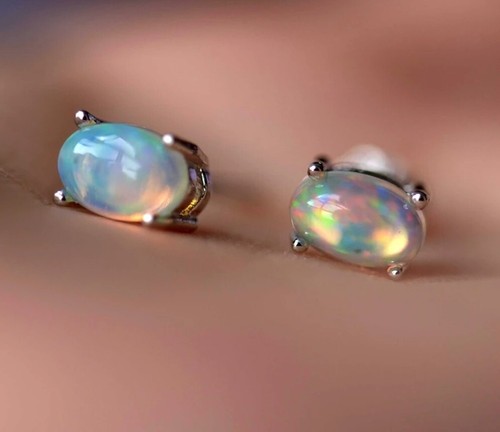 Solid Opal Stud Oval Earrings Australian Genuine Gems Silver RRP$160 - Picture 1 of 7