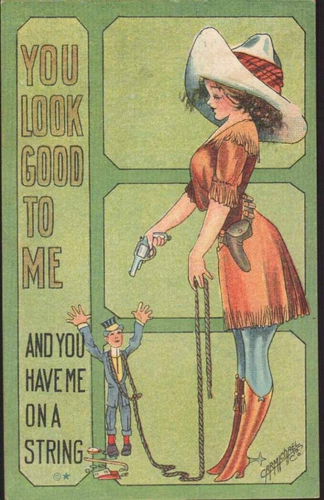 CARMICHAEL Cowgirl mit Pistole Stick up COMIC Humor Künstler antike Postkarte