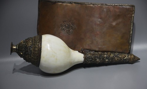Real Rare Tibet Vintage Old Buddhist Copper Conch Horn Trumpet Dungdkar Shankha - Picture 4 of 18