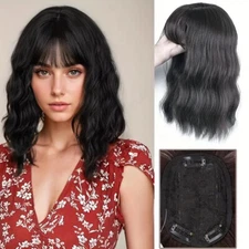 Curly Wavy Hair Topper With Bangs Soft Silk Base 3 Clips In Synthetic Hairpiece