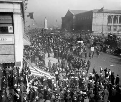 Crowds At The Armistice Day Peace Celebration Marching In Front O - Old Photo