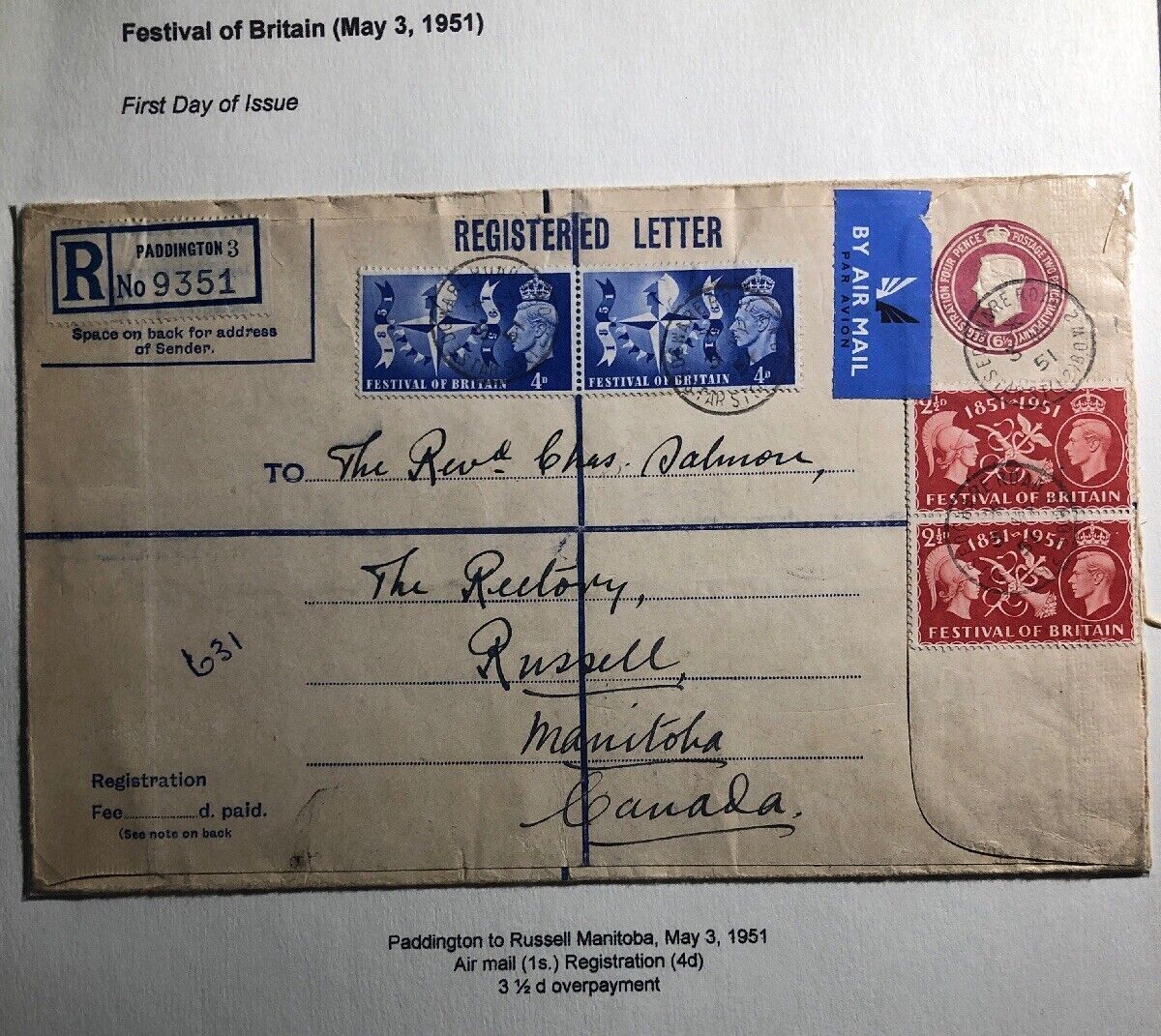 1951 Paddington England First Day Cover FDC To Russell Canada GB 