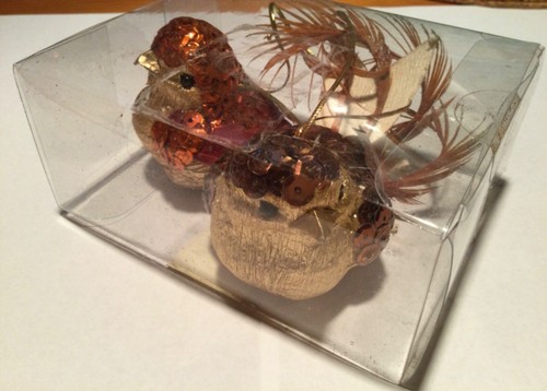 2 x Christmas Hanging Bird Decorations. Gold and sequins. Boxed.