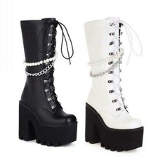 Womens Square Toe High Heel Platform Mid-Calf Boots Knight Club Party Punk Shoes