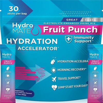 HydroMATE Electrolyte Powder Fruit Punch Hydration Packets Low Sugar 30 Count