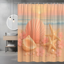 Beach Themed Shower Curtain with Seashells and Starfish