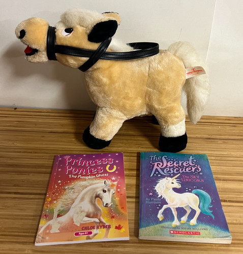 Trendmasters Beige  Plush Pony and 2 PB books -Princess and Sky Unicorn