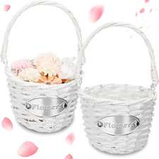 Set of 2 Flower Girl Basket with Handle for Wedding White Wicker Baskets for Flo