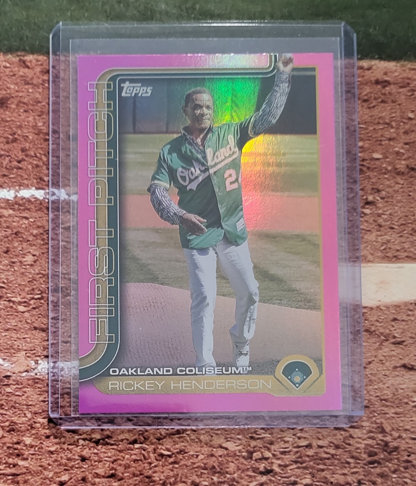 2025 Topps Series 2 Rickey Henderson First Pitch Pink Foil Parallel Card