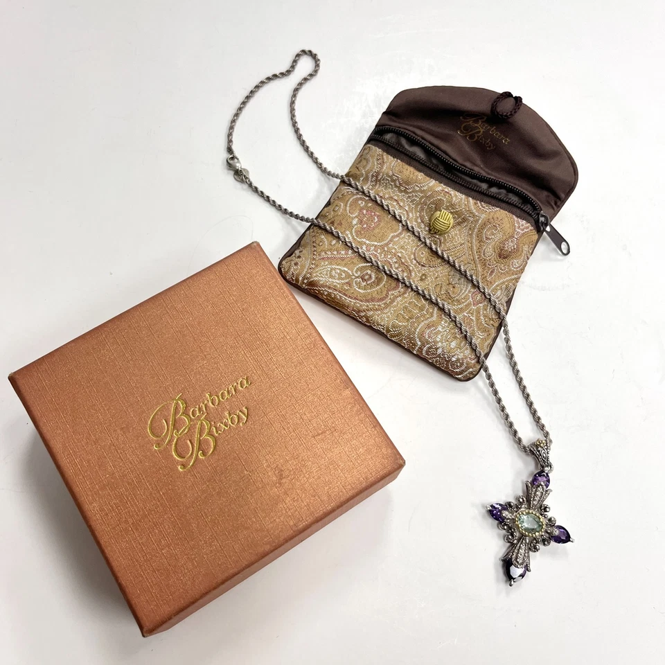 Barbara Bixby 925 / 18k Amethyst Green Flourite Enhancer Cross Pendant Necklace - Imagem 3 de 4