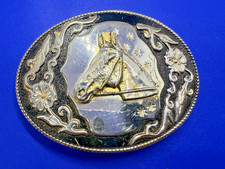 Horse Head Flower Swirl Ornate Western Rodeo Cowboy Gold Color Belt Buckle