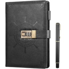Black A5 Journal with Lock Refillable Faux Leather Diary Notebook Planner NEW