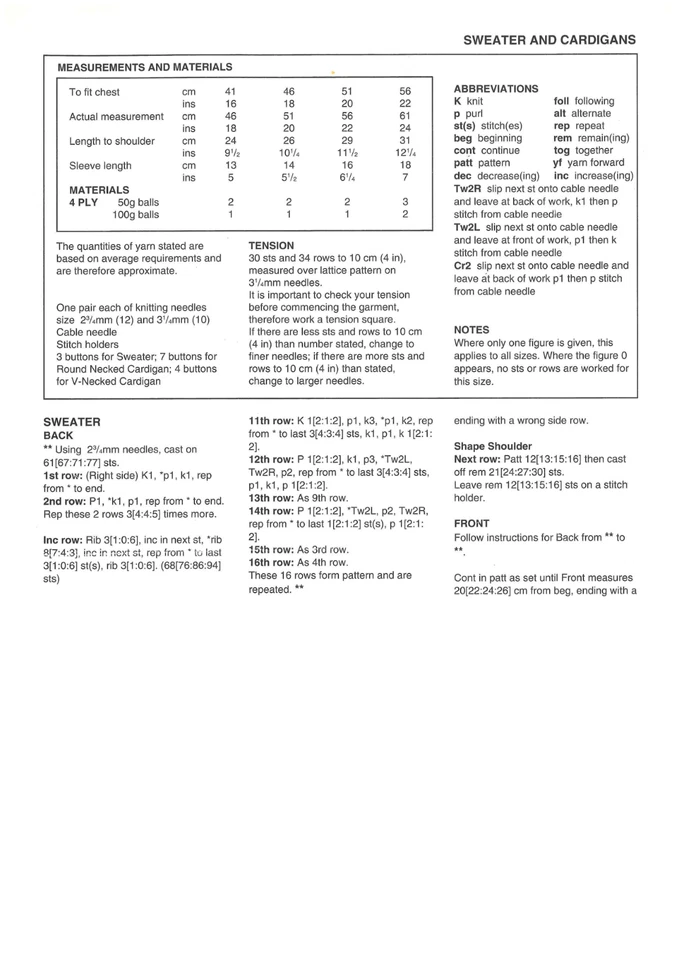 Baby 4 Ply Knitting Pattern Copy – Littlewoods 1077 Sweater & Cardigan – Sizes 1 - Image 2 of 3