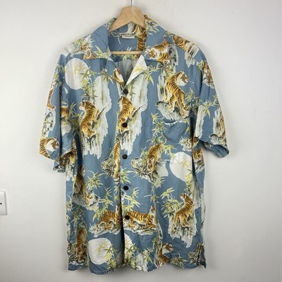Vintage Go Barefoot Hawaiihemd Herren Large Tiger Blumen Urlaub Sommer USA