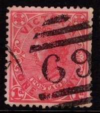Australia Victoria 1905 One Penny 1d red perf 12 x 12&frac12; SG417 Used numeral 69