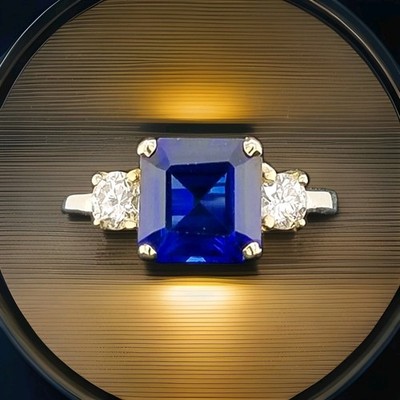 Vintage 14K White & Yellow Gold Diamond & Blue Sapphire Ring 3.65ct Radiant Cut