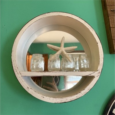 Round Wall Mounted Shelf, White Distressed Finish, Mirror