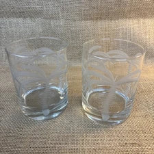 Set Of 2 ROLF ETCHED PALM TREE DOUBLE OLD FASHIONED WHISKEY GLASSES