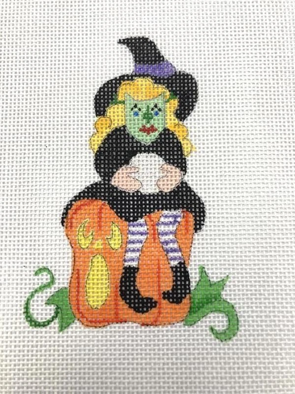 Katie Did Hand Painted Needlepoint Canvas Witch on Pumpkin 10x10 Embroidery - Image 3 of 4