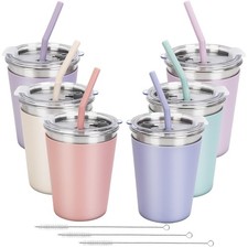 Kids Straw Cups 6 Pack 12oz Sippy Cup With Silicone Sleeve Spill Proof Stainl...