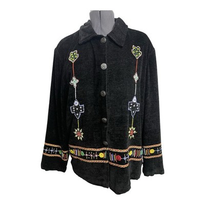 Vintage Allure Snap Front Beaded Chenille Jacket Size 2X Woman Black Art To Wear