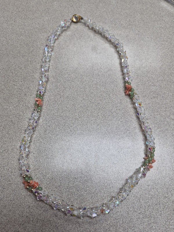 Vtg Aurora Borealis Coral Faux Pink Jade Gold Tone Beaded Necklace 26 " 