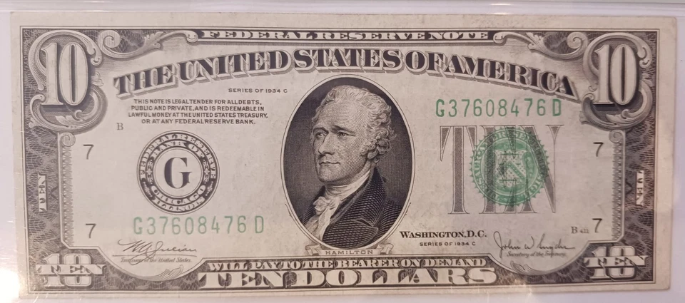 Error $10 1934c Misaligned Federal Reserve Note #37608476D Chicago PMG 35 CVF - Image 2 of 4