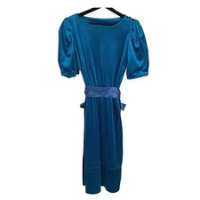 Vintage 80s Royal Blue Puff Sleeve Velvet Midi Dress Medium