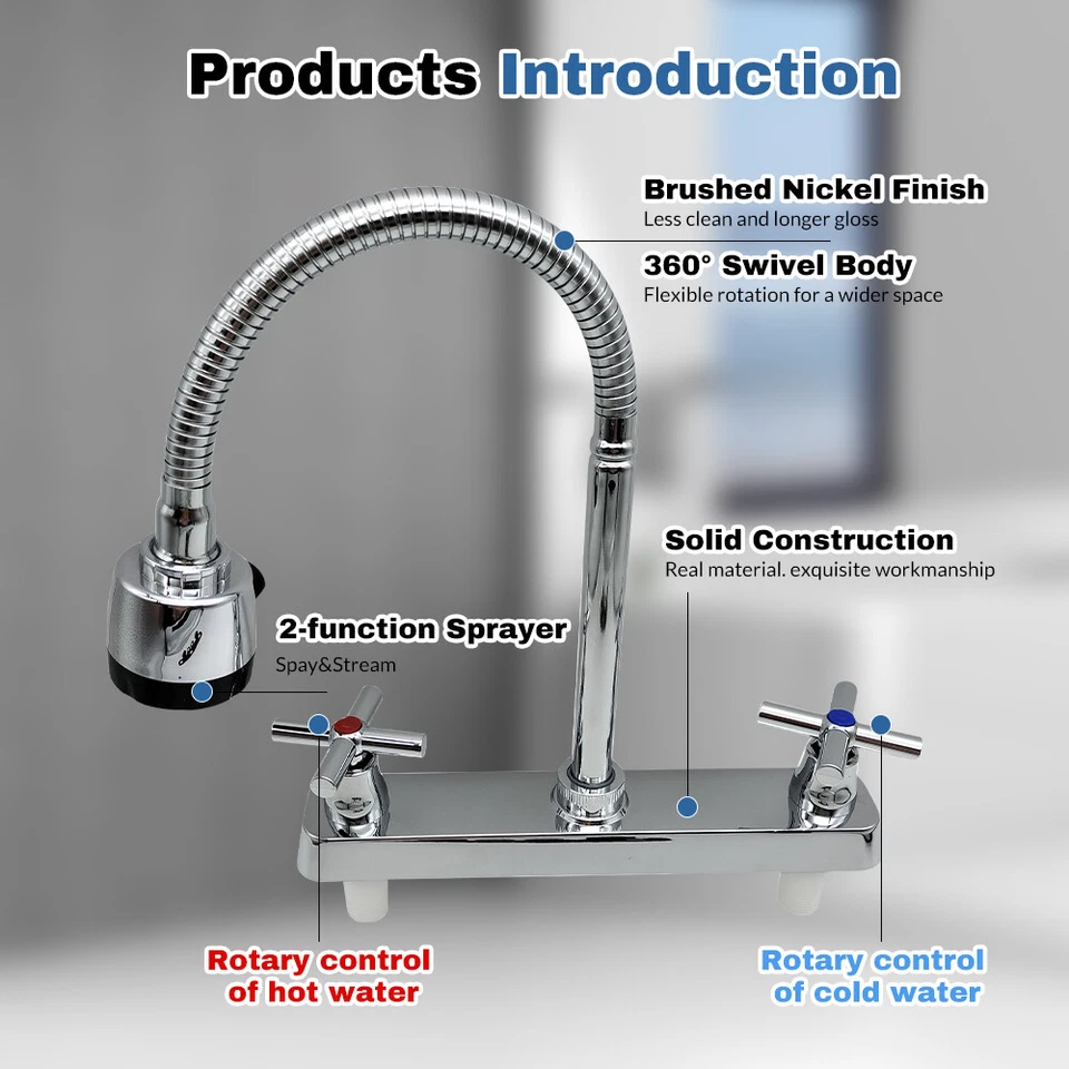 Grifo de fregadero de cocina con asas dobles grifo mezclador frío y caliente rociador giratorio 360° Foto 4 de 4