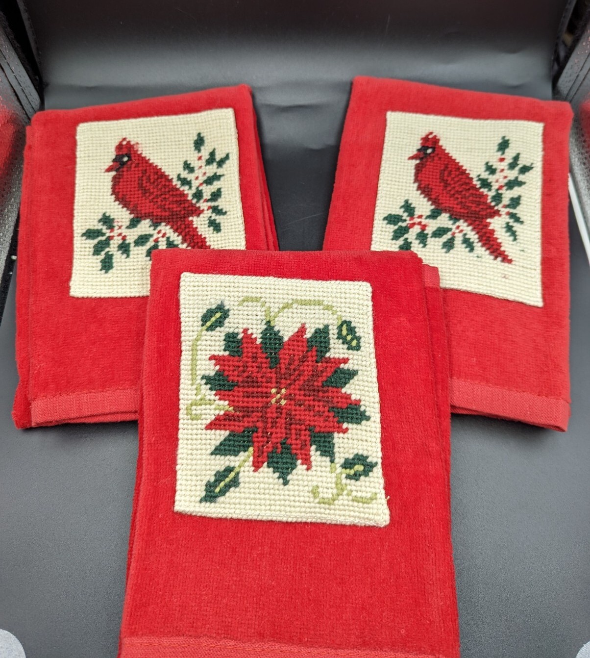 3 Christmas Poinsettia Cardinal Kitchen Bath Needlepoint Hand Towels