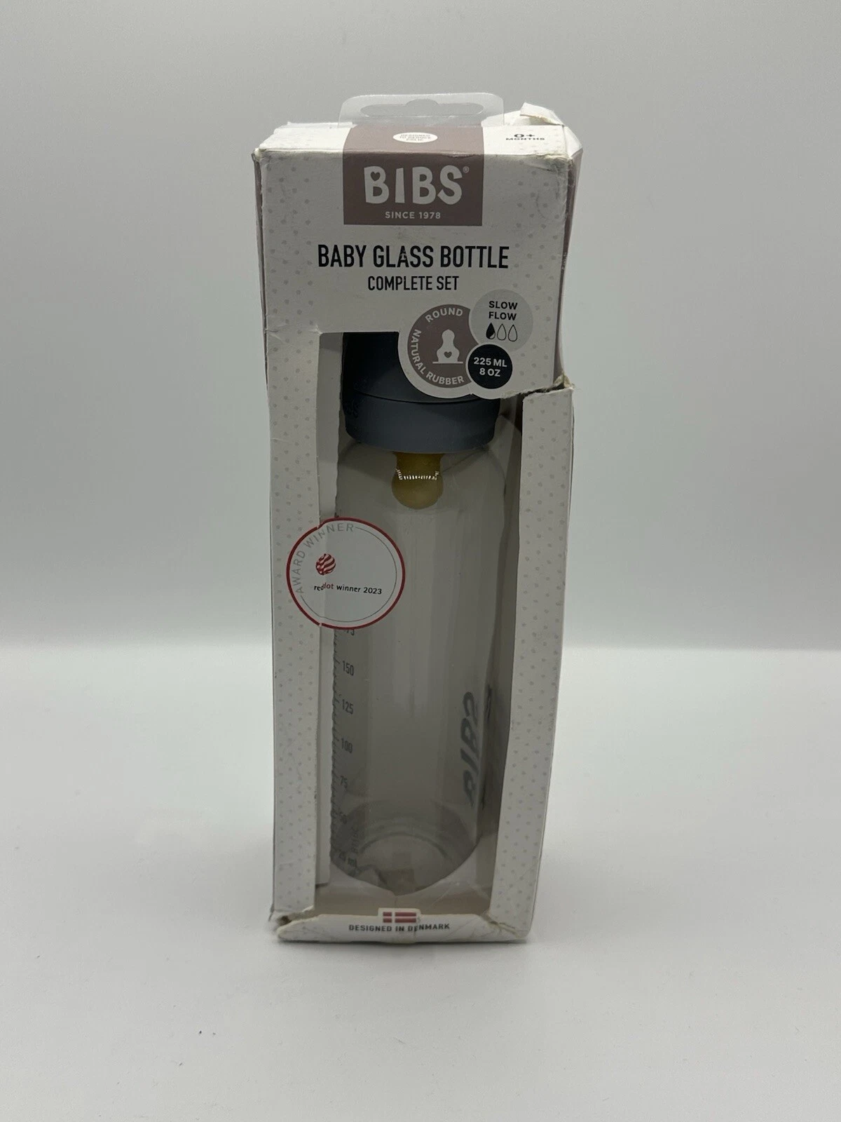 BIBS Baby Glass bottle Complete Set 225ml 8 oz Slow Flow Round Nipple In Blue