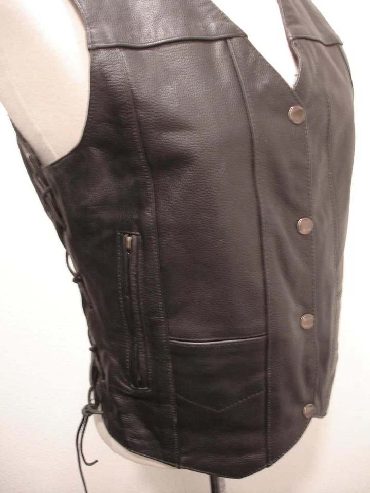 Women's sz L Element Black Leather Motorcycle Riding Vest Jacket Snap Moto Biker - Image 4 of 4