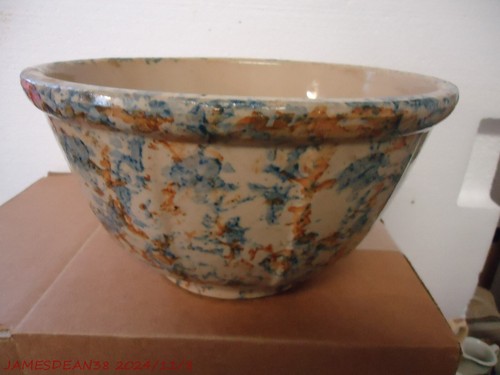 Antique Red Wing Stoneware 9 1/2” Paneled Spongeware Bowl RED Blue # 9 - Picture 2 of 5