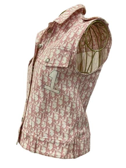 Christian Dior Denim Vest Women White Pink Trotter Oblique Button