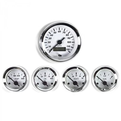 5 Gauge Kit SAE OG Classic White Black V Needles Chrome Trim Instrument Panel 