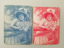Daisies Lady Big Hat Leaning on Fence 2 Antique Wide Swap Playing Cards 1916