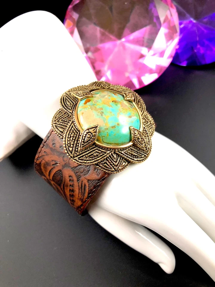 FABULOSO BRAZALETE FIRMADO CUERO BARCA AZUL TURQUESA PIEDRA SUROESTE Foto 3 de 4