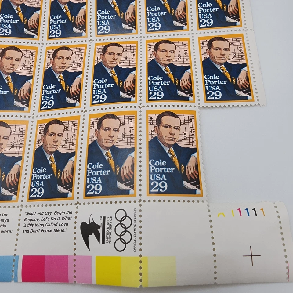 US Postal Stamp Plate Block 1991 Cole Porter American Composer 29 Cent Sheet 39 - Image 2 of 4