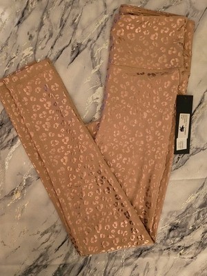 Mono B Leopard Foil Shimmer Ankle Leggings Light Brown Rose Gold Stretch S