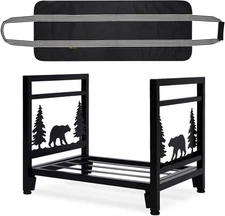 Firewood Carrier with Log Bag Indoor/Outdoor Wood Storage Rack - Heavy Black 
