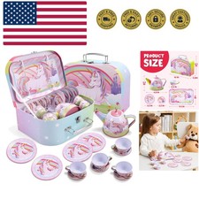 Unicorn Tea Party Set for Little Girls, Pretend Pink Tin Teapot Set, Princess...