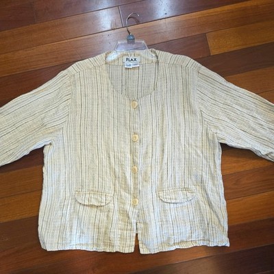 FLAX 100% Linen Open Front Jacket Shirt  Relaxed Wms Large Beige Texture Stripe 