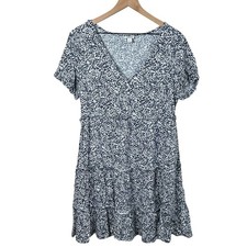 J.Crew Womens Medium Blue White Floral Short Sleeve Tiered Dress Knee Length