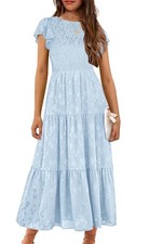 Flower Girls Dress Elegant Ruffle Sleeve Smocked A Line 10 Years Light Blue