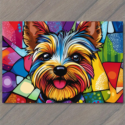 Art Print Colorful Yorkie Dog Tongue Out Funky Bright Puppy Cartoon Eyes Bowtie